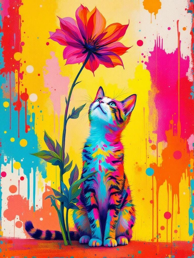 Cat Under Flower in Hockney-Wiley Style
