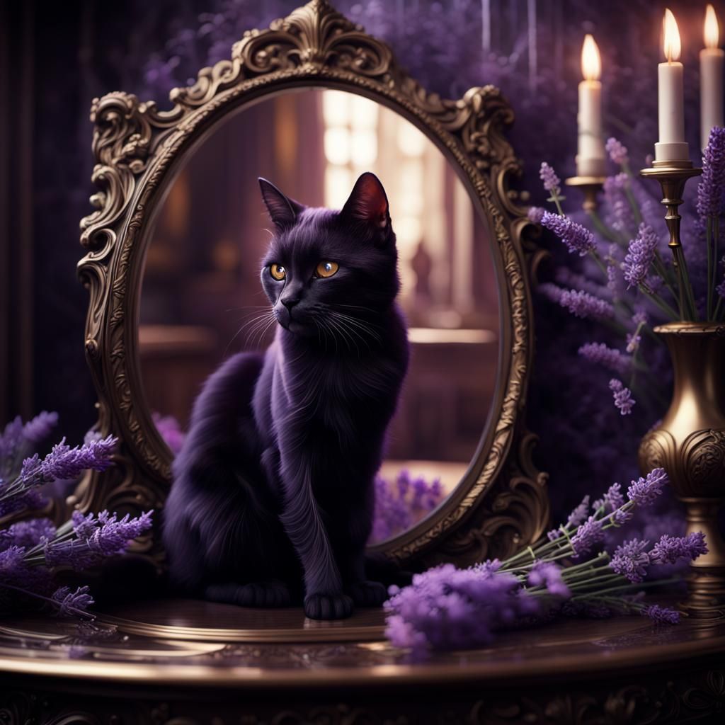 Black Cat with Lavender Flowers in Ornate Setting