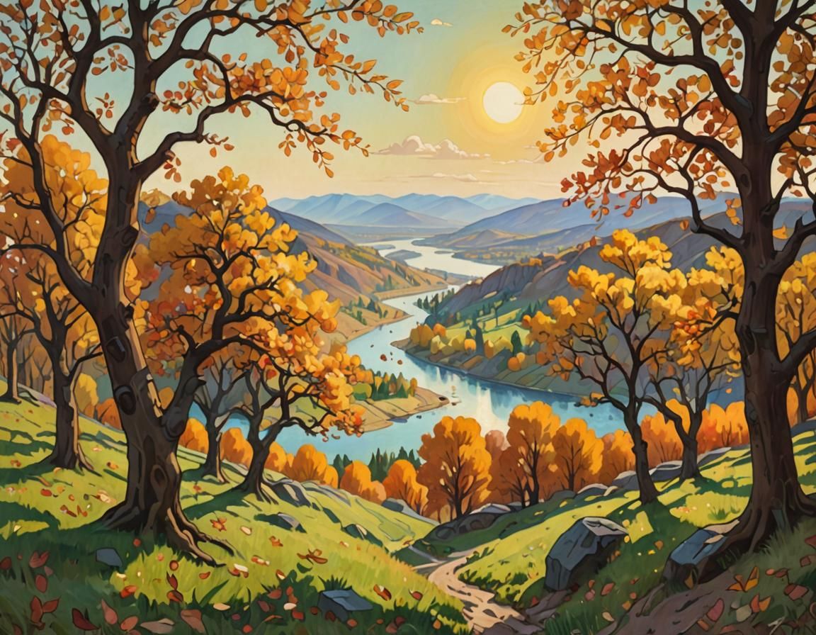Mystical Autumn Orchard Landscape Painting