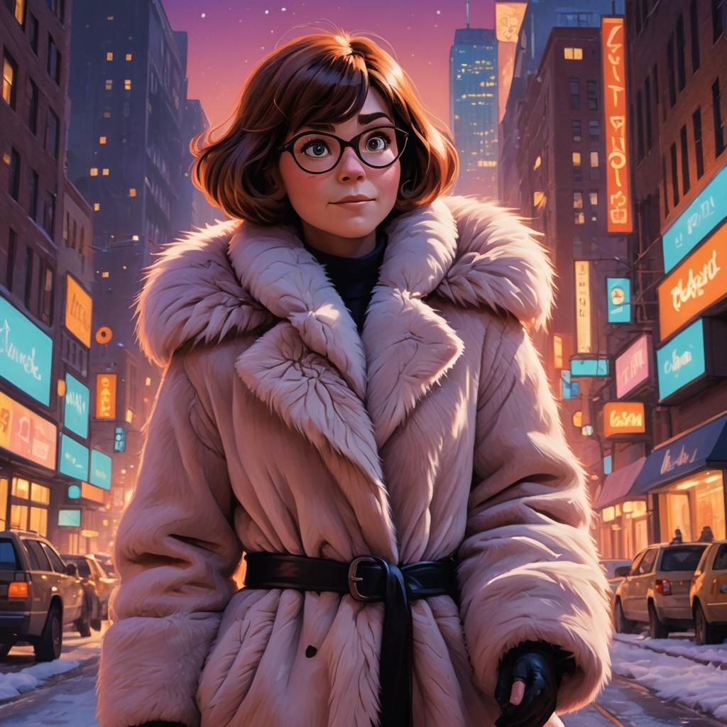 Velma Dinkley in Fur Coat, Pixar-Style 3D Render