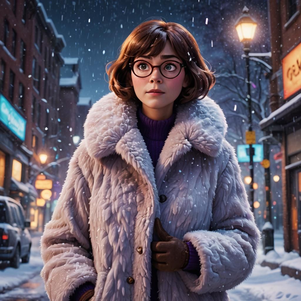 Velma Dinkley in Fur Coat: Pixar-Style Digital Art