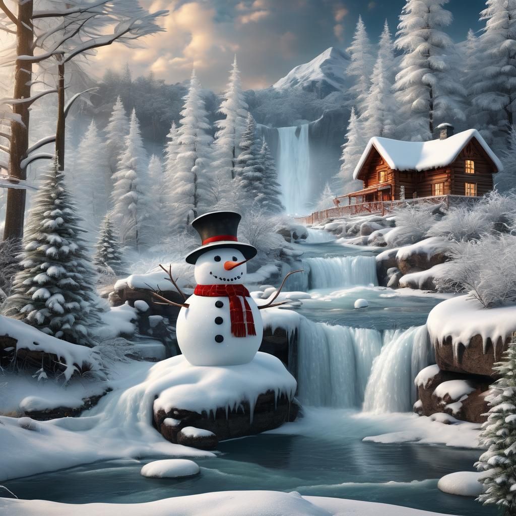 Colorful Christmas Snowman by Frozen Waterfall