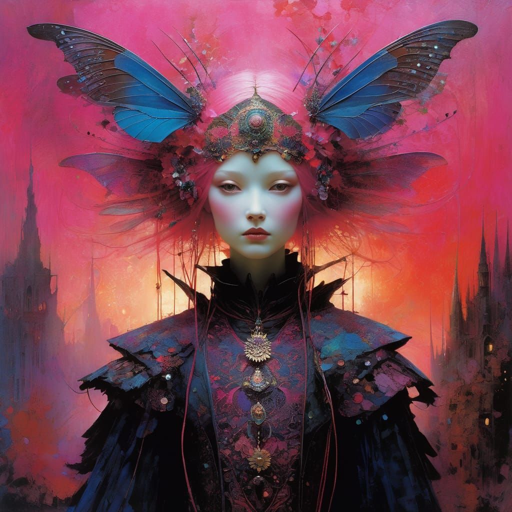 Whimsical Fairy in Vibrant Sunset, Inspired by Mixed Media M...