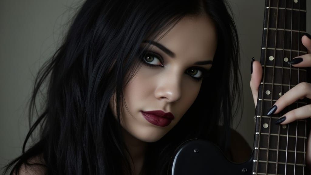 Gothic Punk Goddess Waits Fatigued in Black Dress