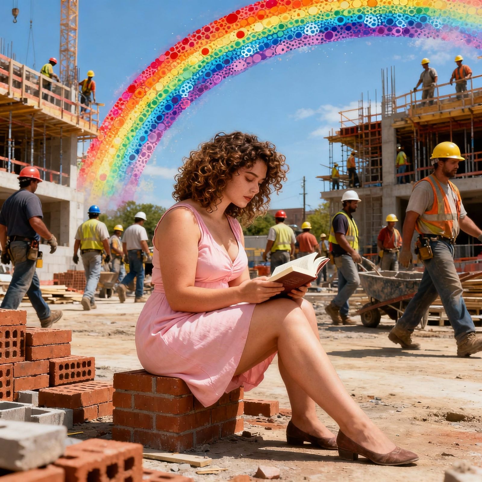 Woman Unfazed in Construction Zone with Rainbow Thoughts