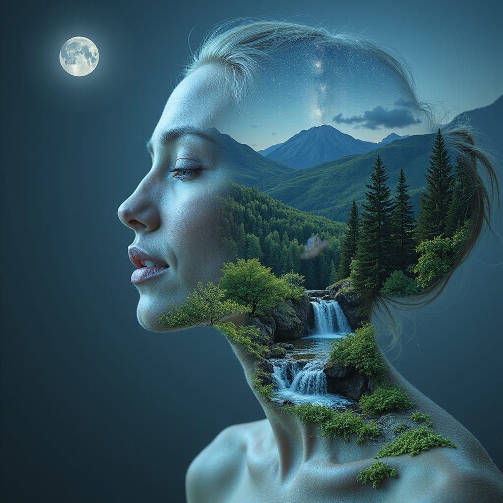 Semi-Holographic Portrait of Serene Woman in Cosmic Landscap...