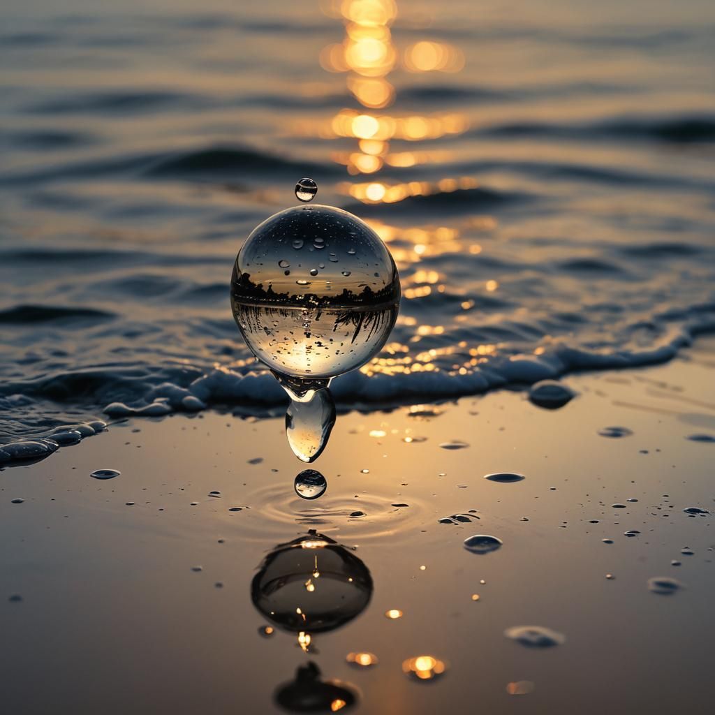 Macro Raindrop Reflects Summer Sunset in Photorealistic Styl...
