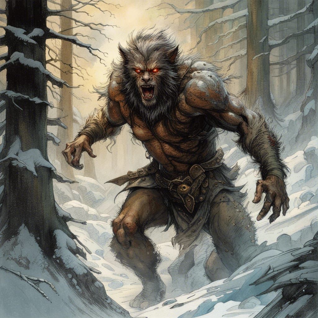Werewolf Chase in Snowy Forest, Epic Illustration