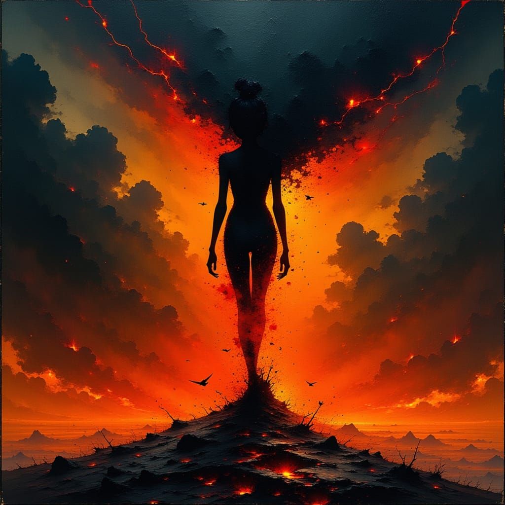 Lava Woman Emerges from Thunderclouds in Surreal Style