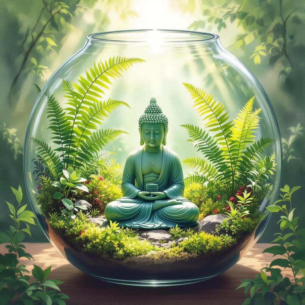 Serene Terrarium With Meditating Buddha and Lush Plants