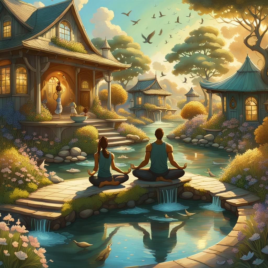 Family Yoga in Vibrant Fantasy Art Style