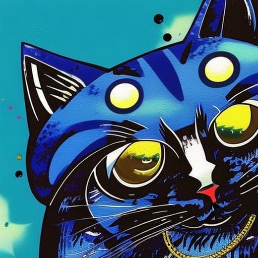 Biopunk Cat in Dystopian Landscape: Woodblock Print Style