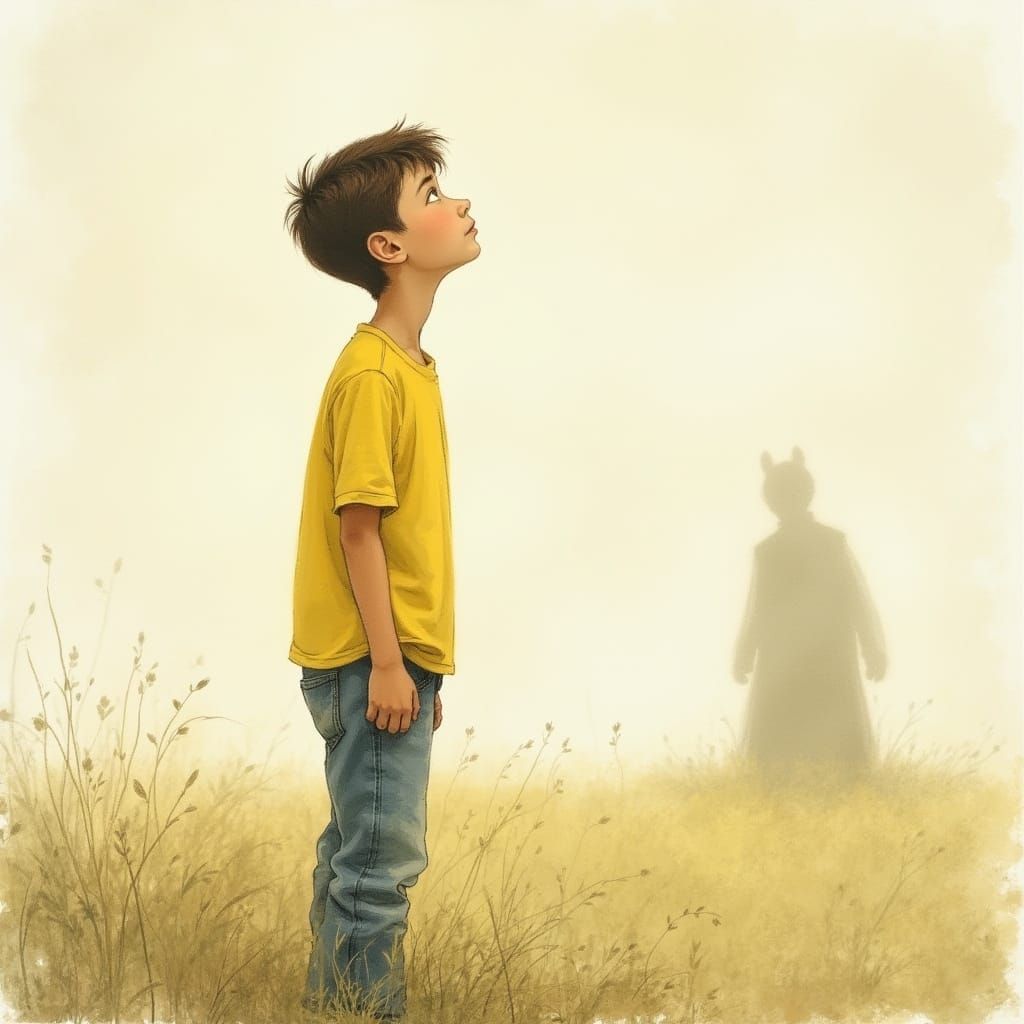 Young Boy Looks Up at a Fading Figure in a Watercolor Landsc...