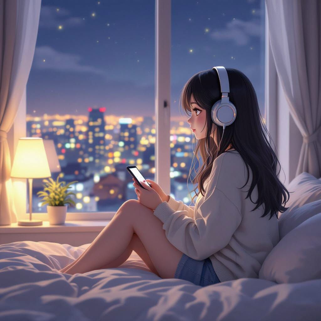 Lofi Girl Gazing at City Night View in 3D Anime Style