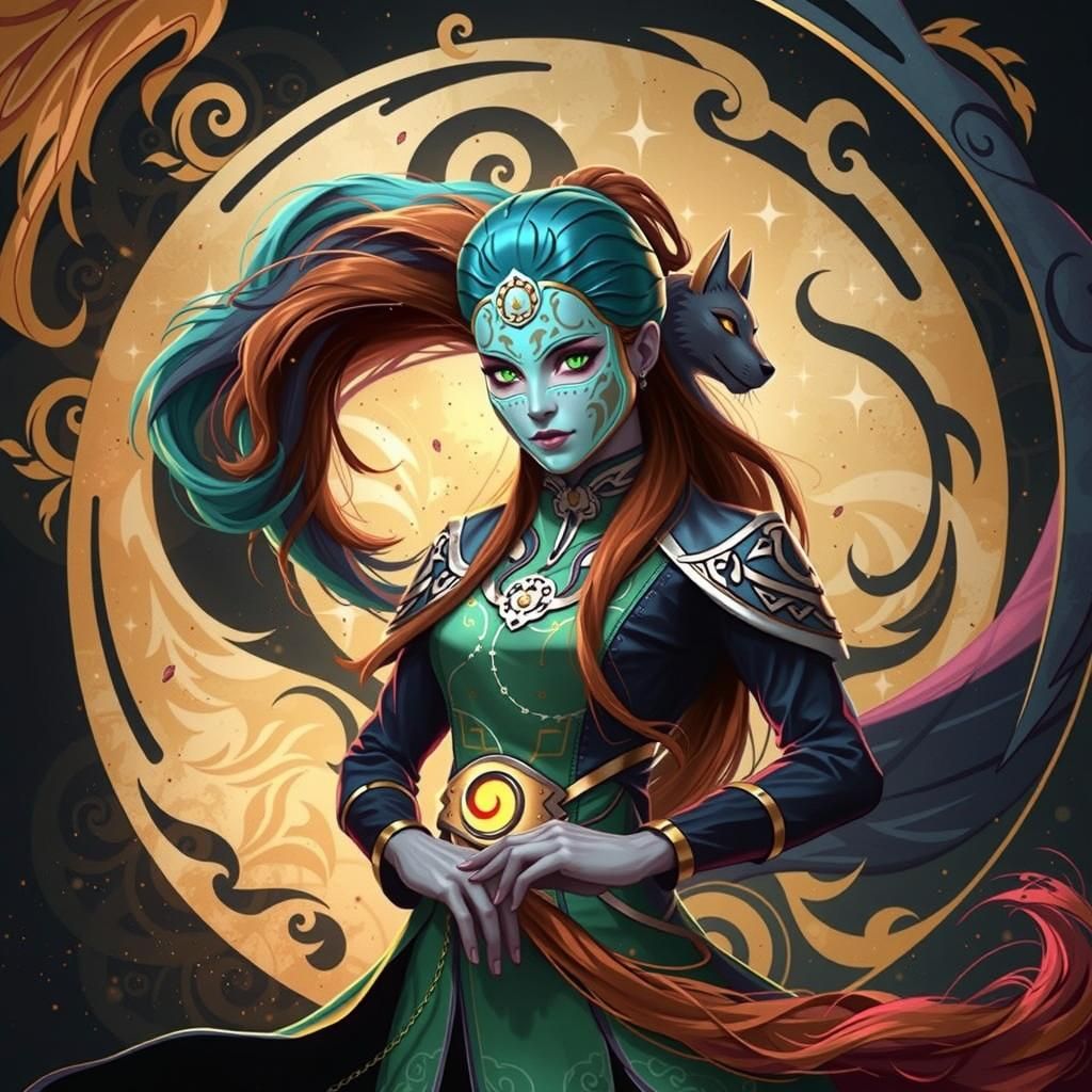 Ahri with Yin Yang Mask in Dreamlike Watercolor Neon