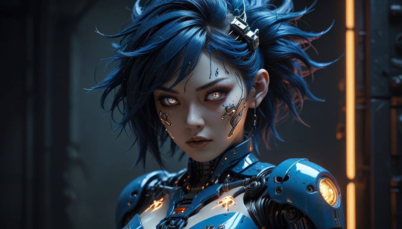 Cyberpunk Gynoid with Glowing Eyes in Gothic Neon Setting