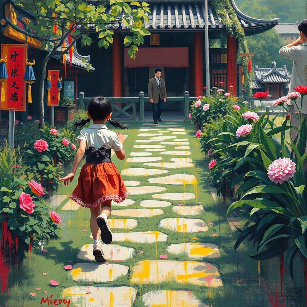 Girl Runs to Man: Abstract Expressionist Garden Scene