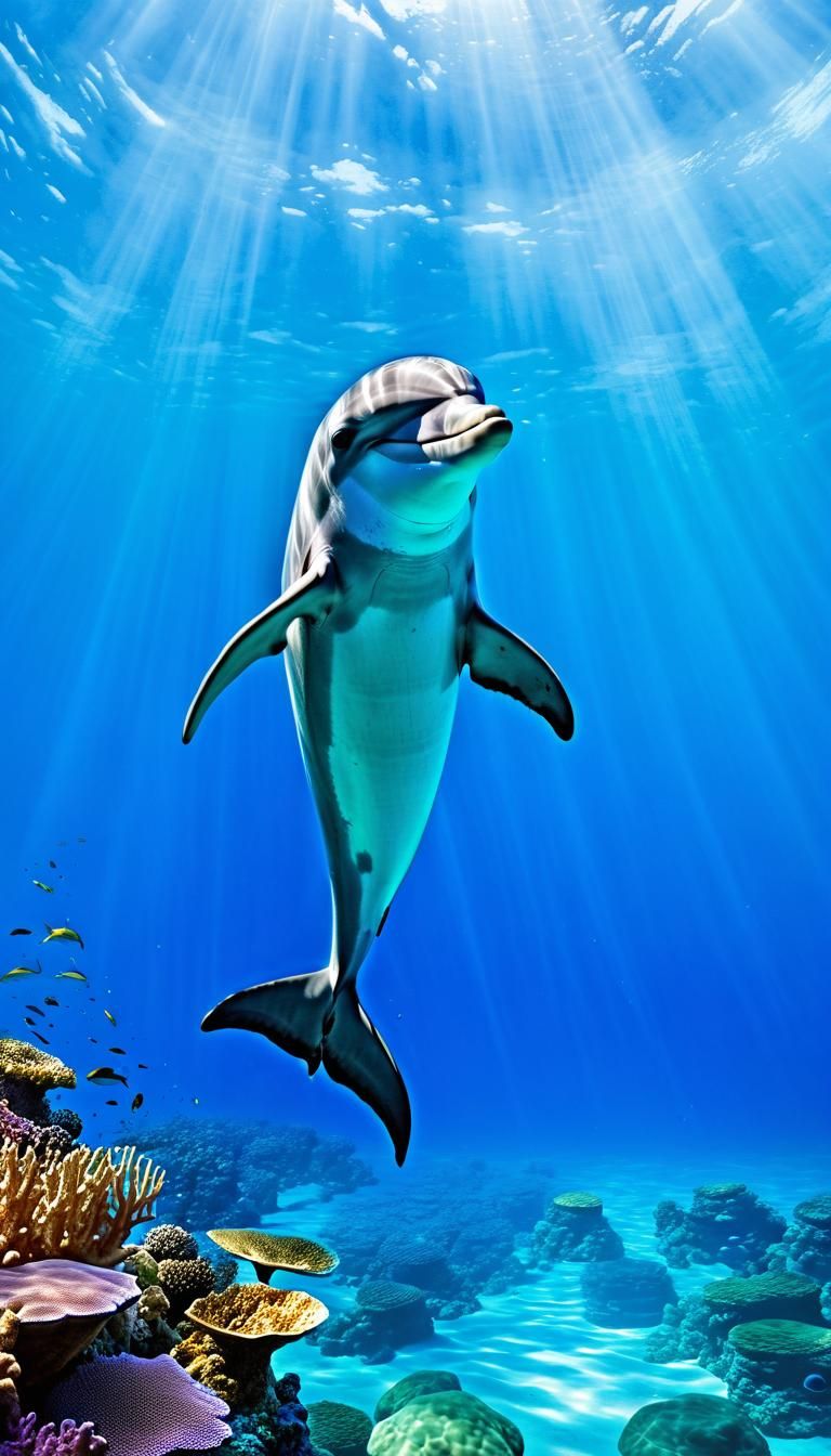 Smiling Dolphin in Coral Reef