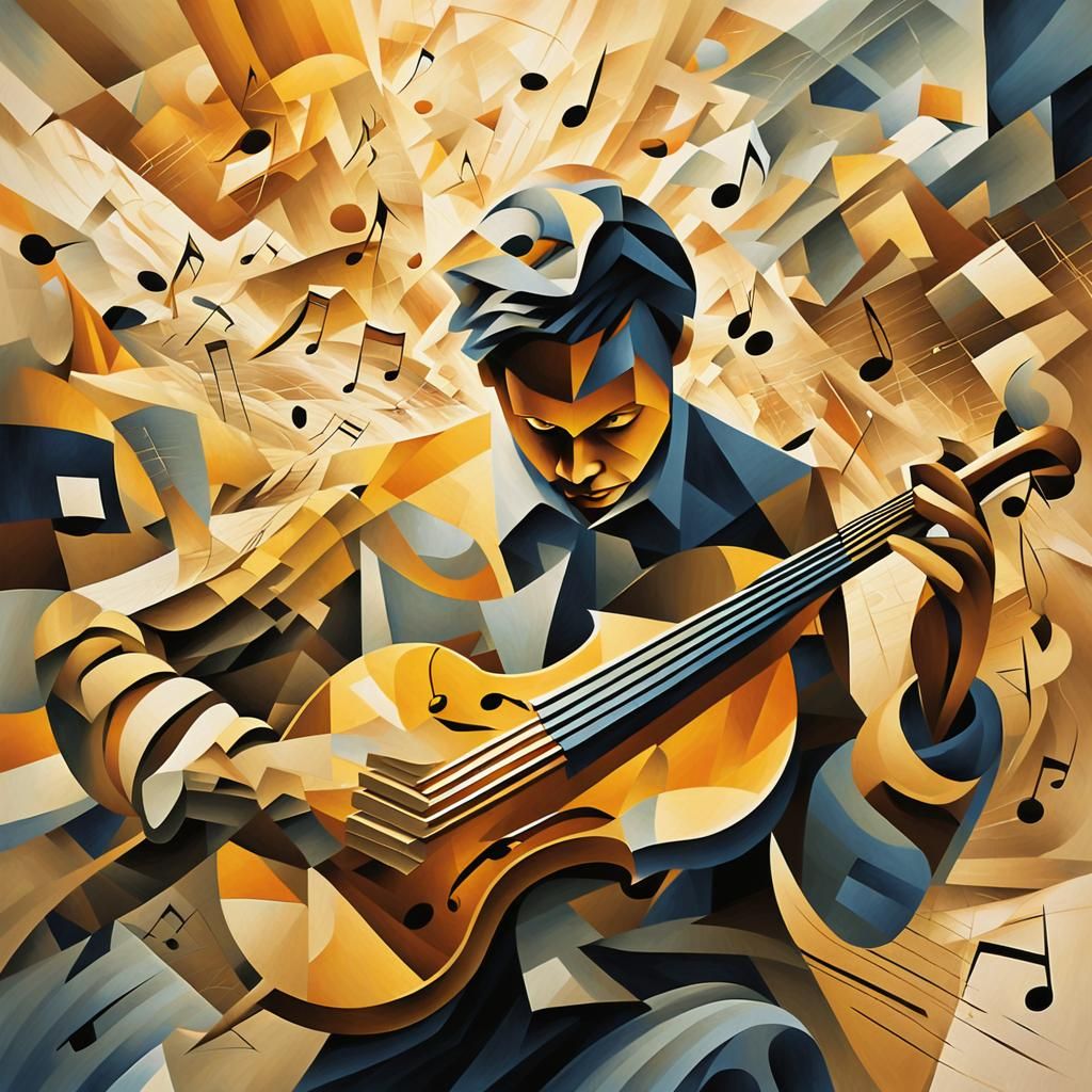 Abstract Cubist Musician in Golden Light