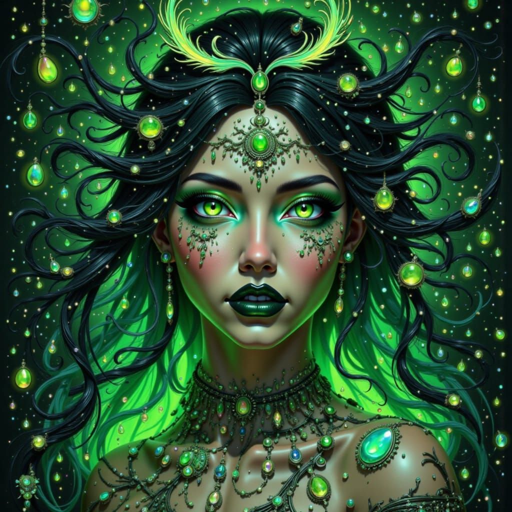 Mystical Woman with Emeralds and Green Aura