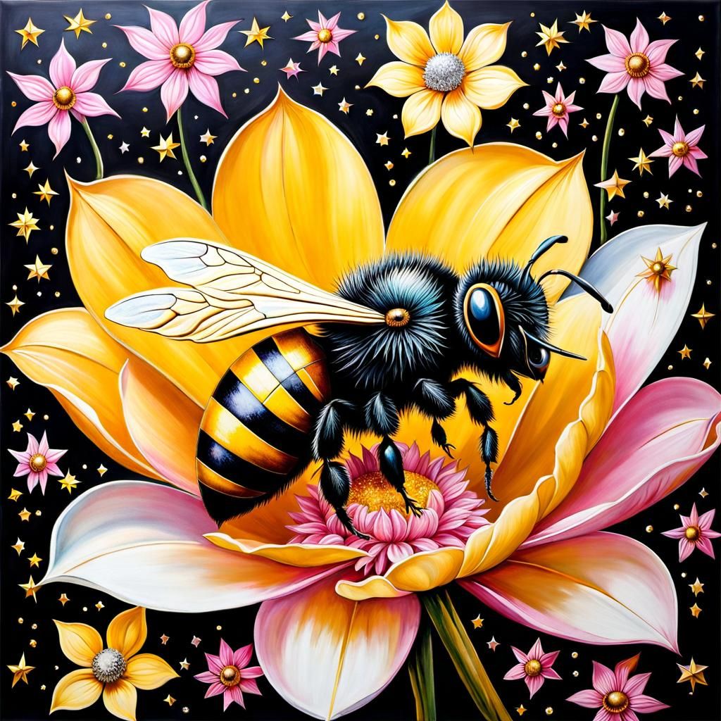 Whimsical Star Bee on Pink Flower, Klimt Style