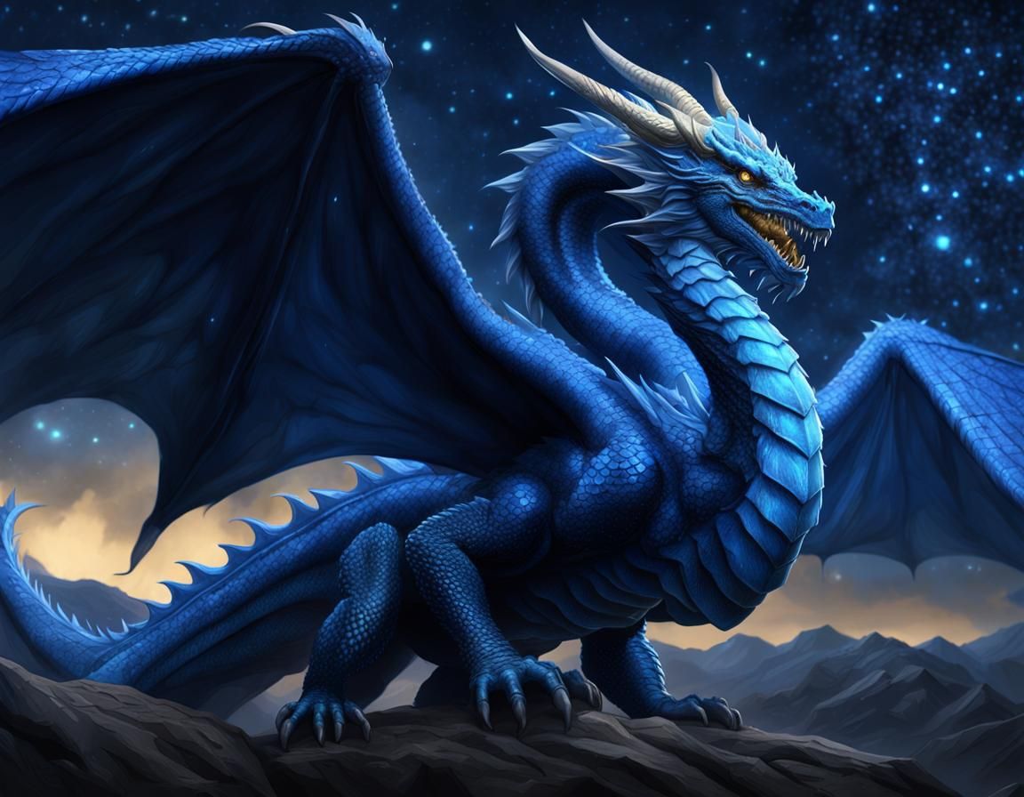Majestic Blue Dragon Soaring in Starry Fantasy Sky