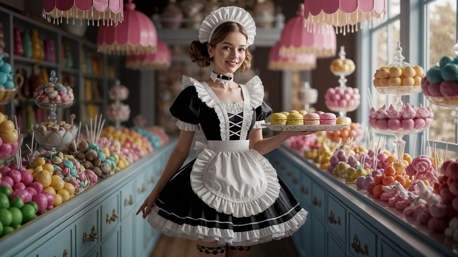 Whimsical French Maid in a Colorful Candy Shop