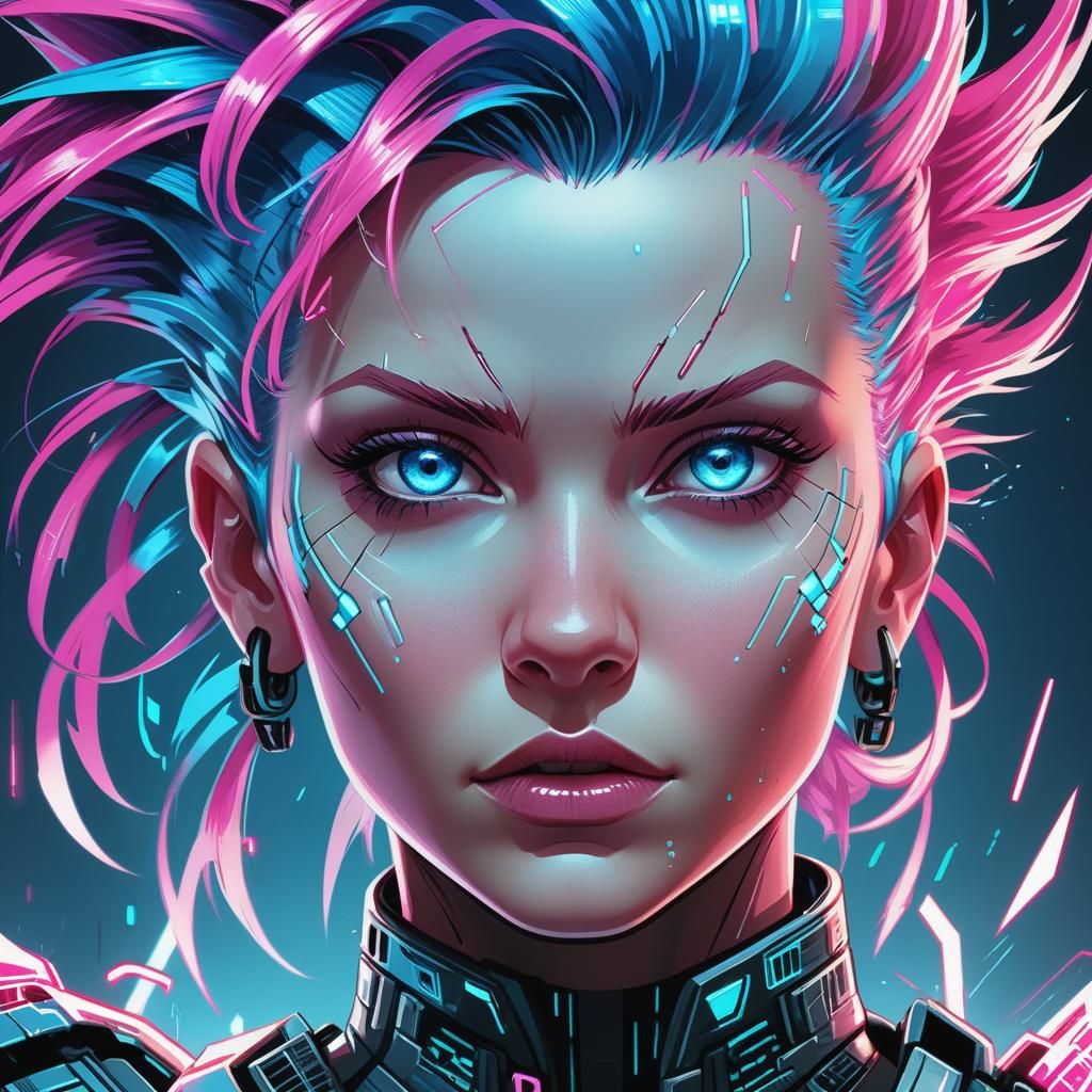 Cyberpunk Woman Portrait with Pink Mohawk, Digital Art