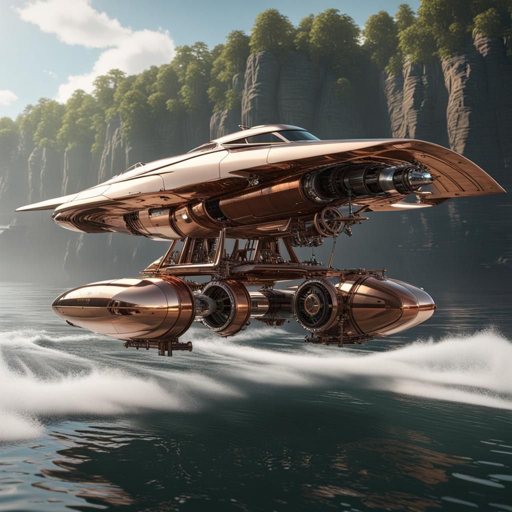 Steampunk Hydrofoil Trimaran Speeds Upriver: 8K Sci-Fi