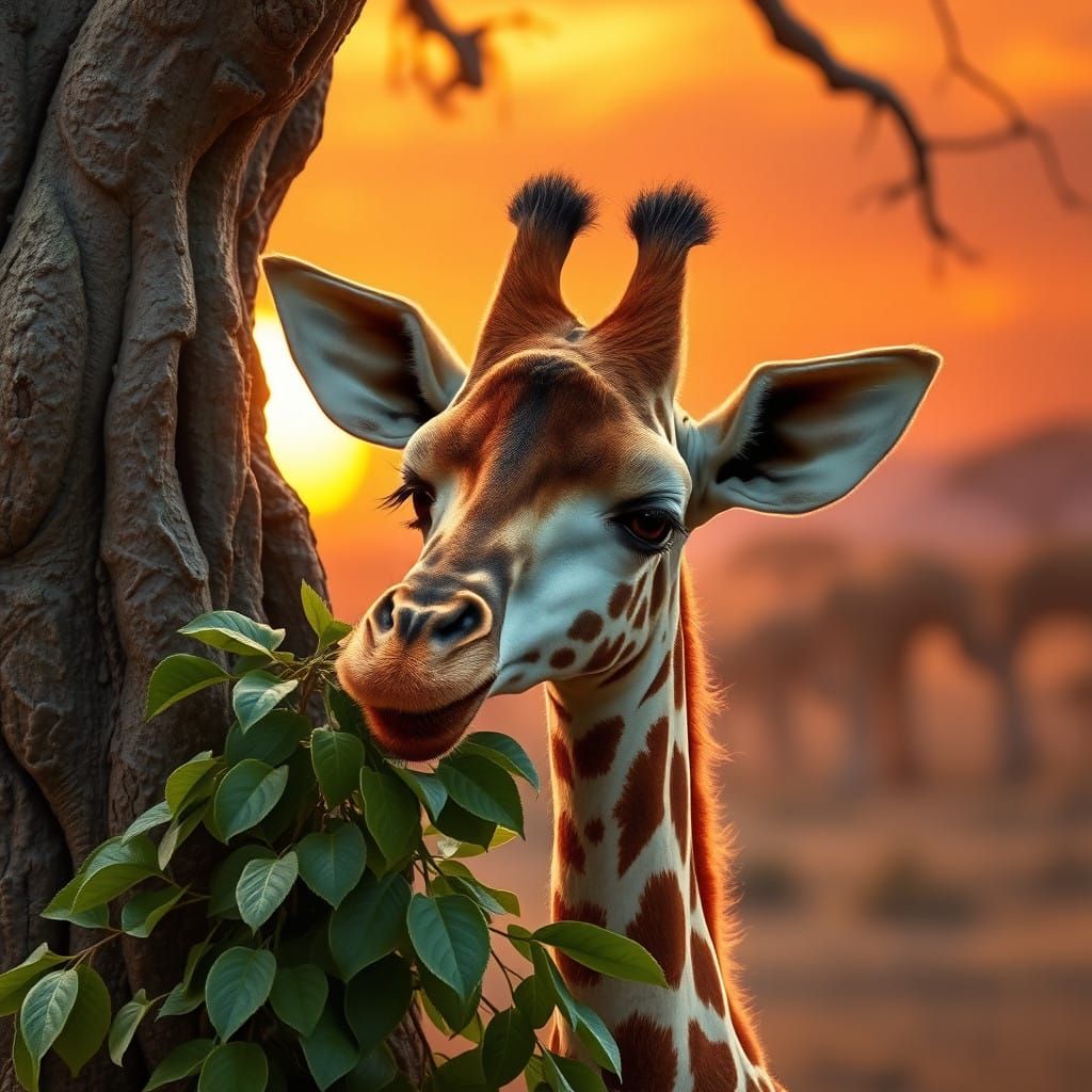 Surreal Savannah Sunset with Baby Giraffe in Fantastical Art...