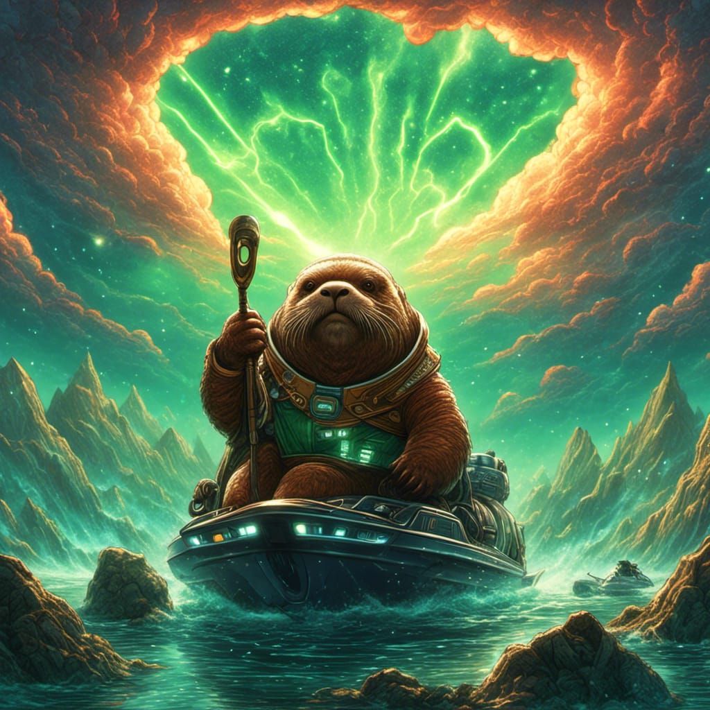 Muscular Walrus Superhero Shooting Lasers in Space