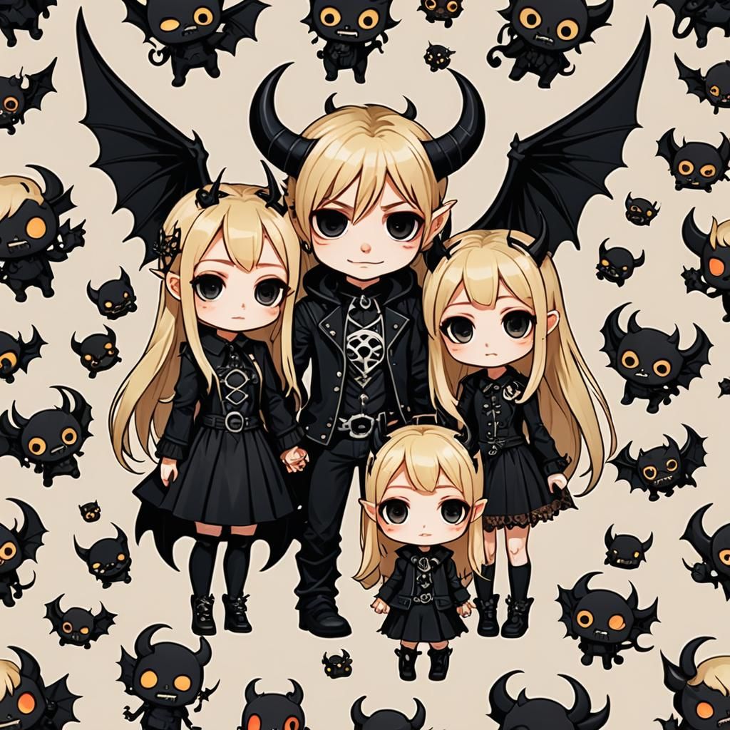 Gothic Chibi Family with Devilish Features