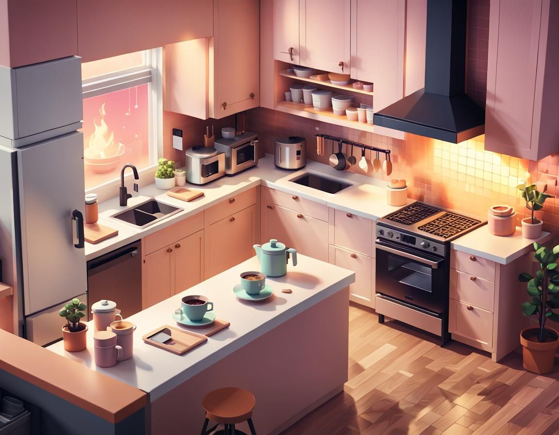 Isometric Pixel Art IKEA Kitchen in Pastel Tones
