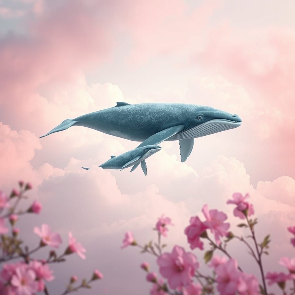 Whale Mother and Calf in Dreamy Cloudscape