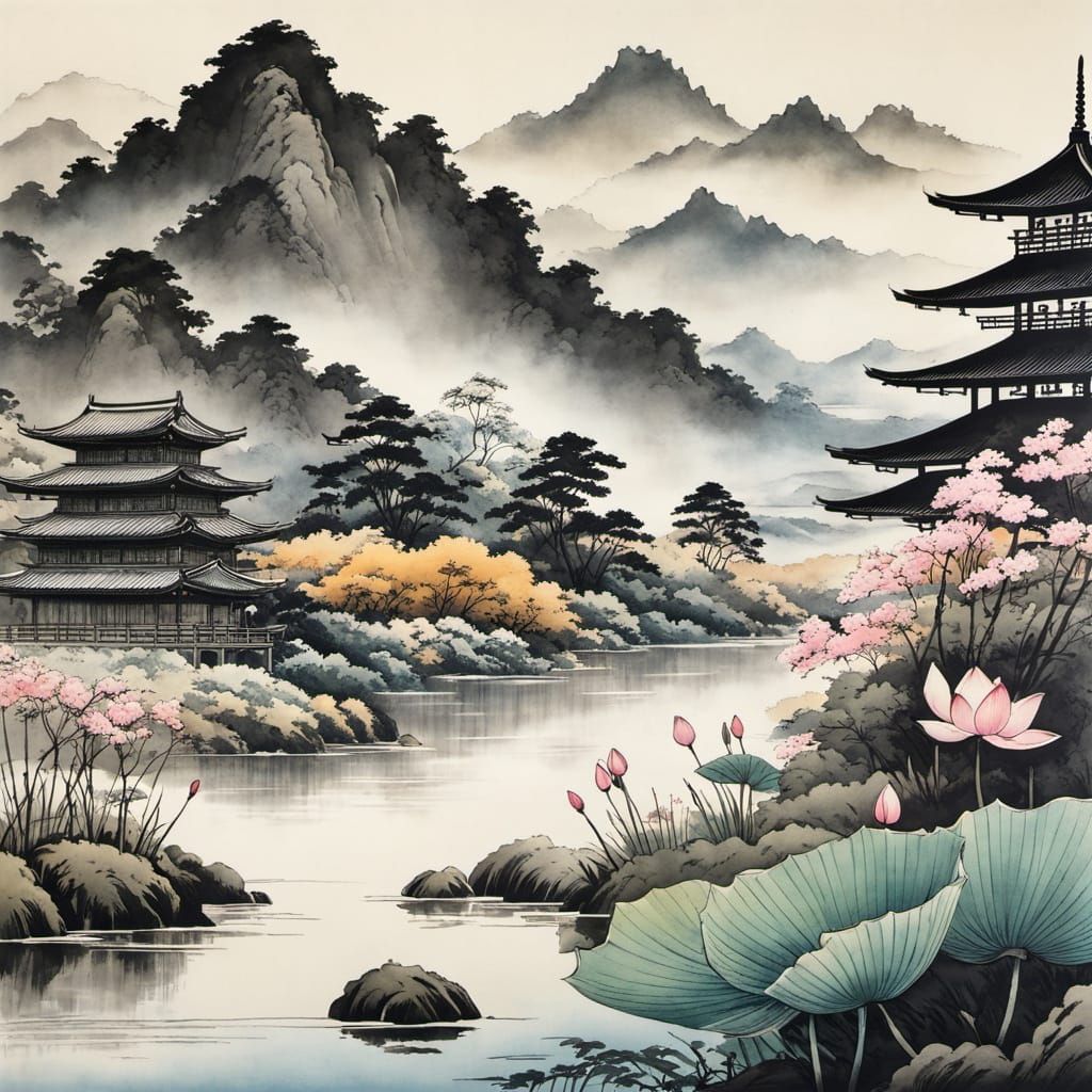 Landscape with lotus flowers