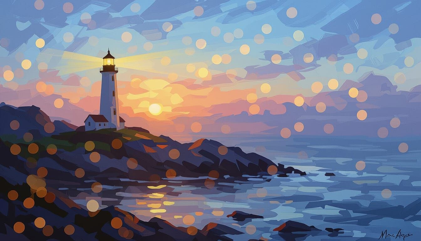 Impressionistic Lighthouse on Rocky Coast at Twilight