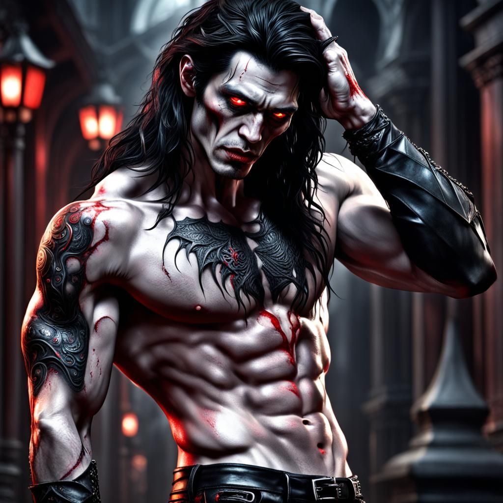 Striking Pale Vampire Wipes Blood, Hyperrealistic HDR
