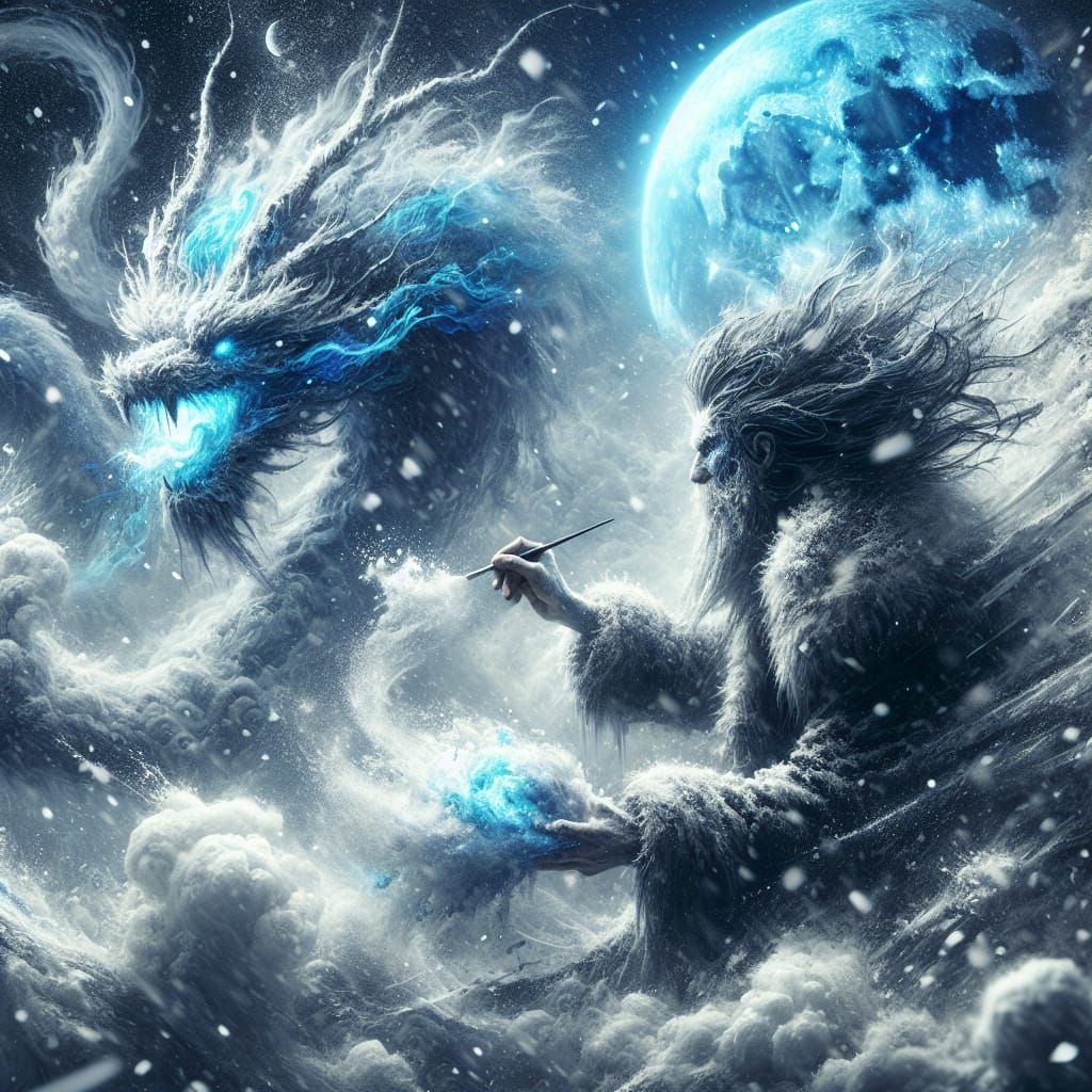 Snowstorm Deity Conjures Dragon in Matte Painting