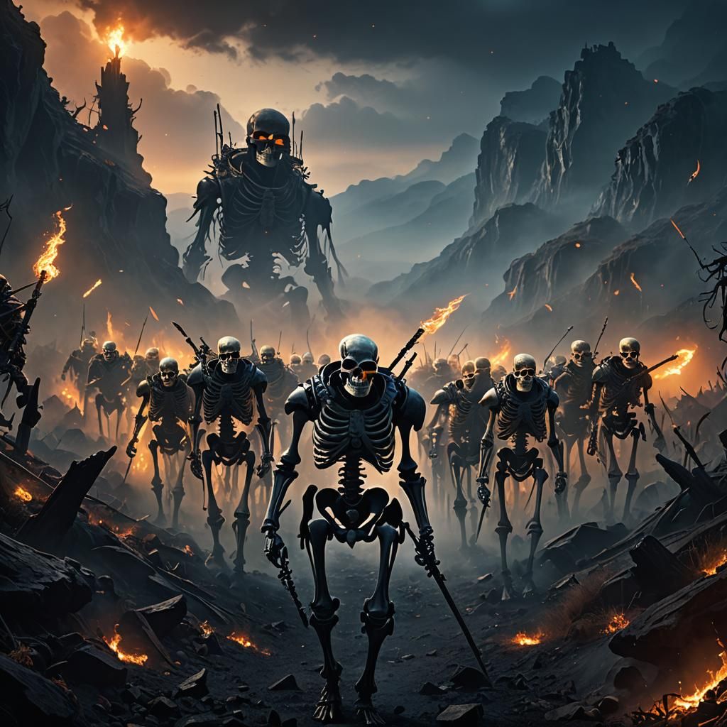 Skeleton Army Marching in Misty Valley: Dark Fantasy