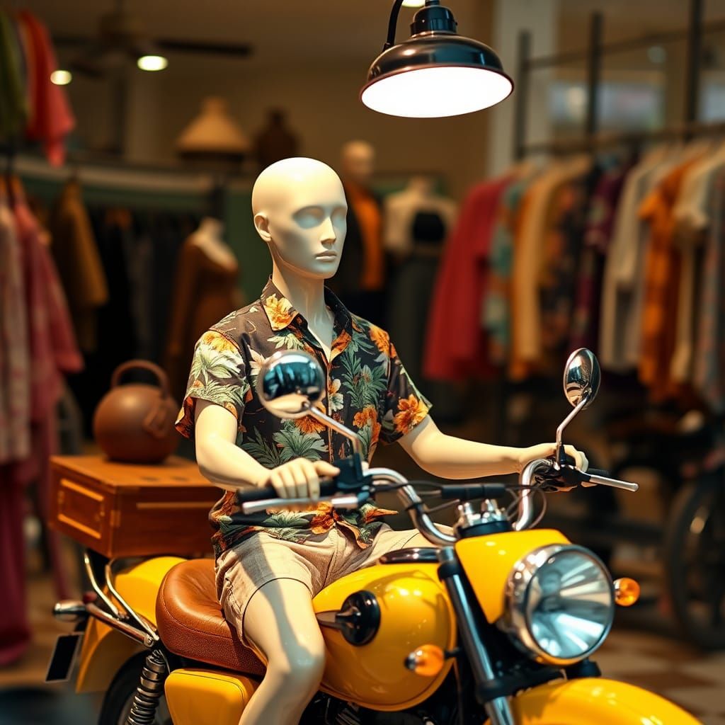 Mannequin Motorcyclist with Lampshade Helmet