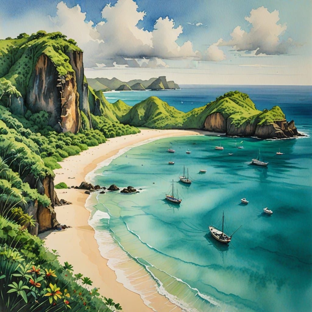 Vibrant Tropical Paradise as Watercolor Art