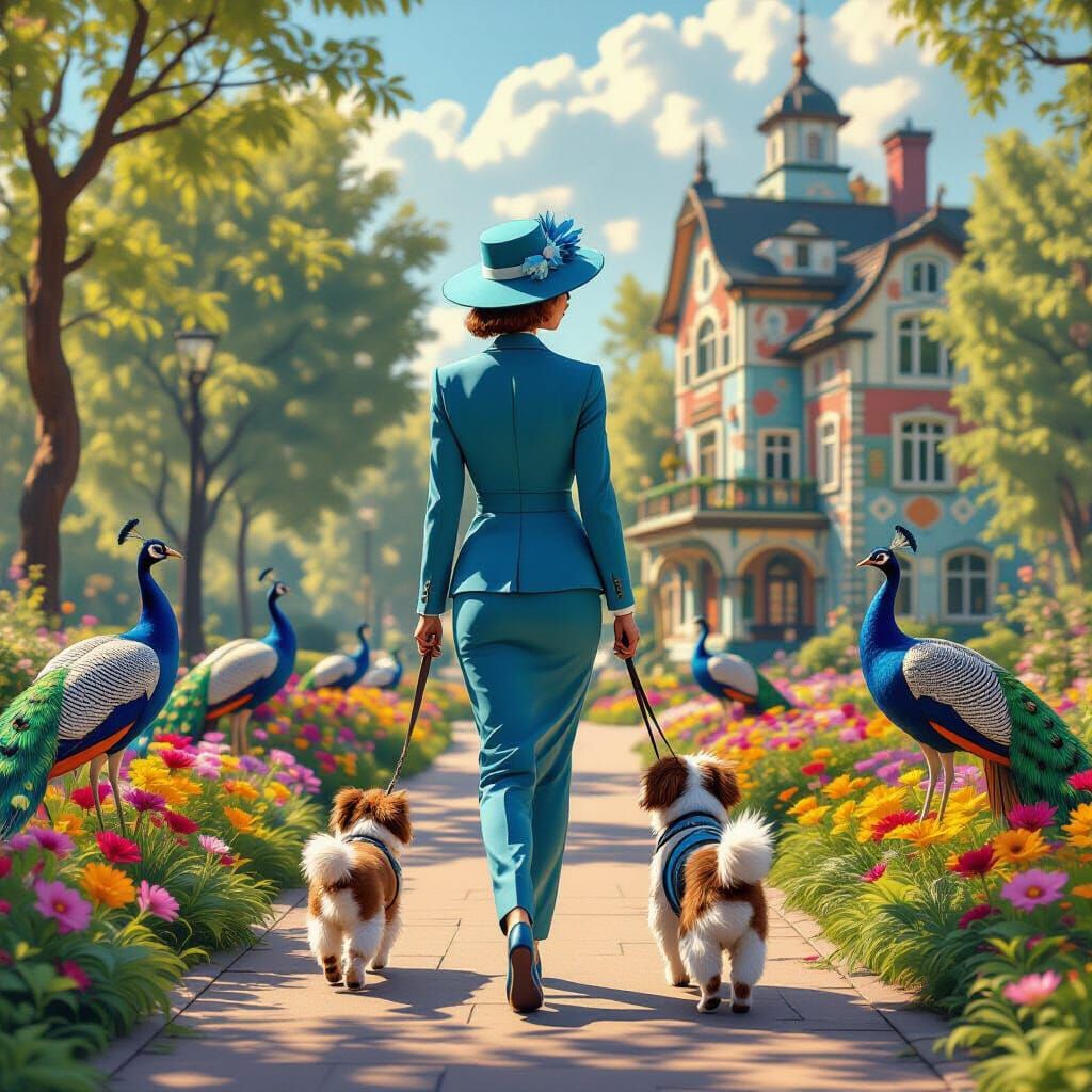Woman Walking Dog in Vibrant 3D Rendered Park