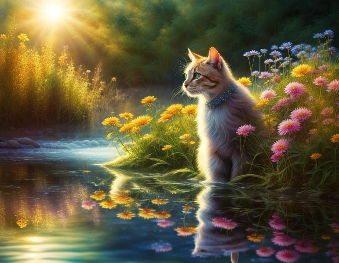 Cat by Sparkling River in Detailed Matte Painting