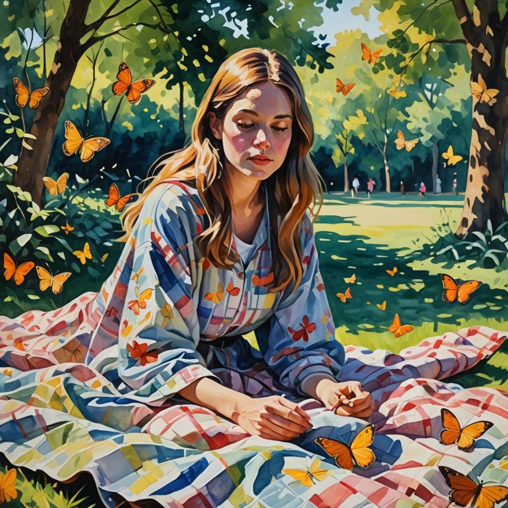 Impressionist Gouache Painting of Girl in Park