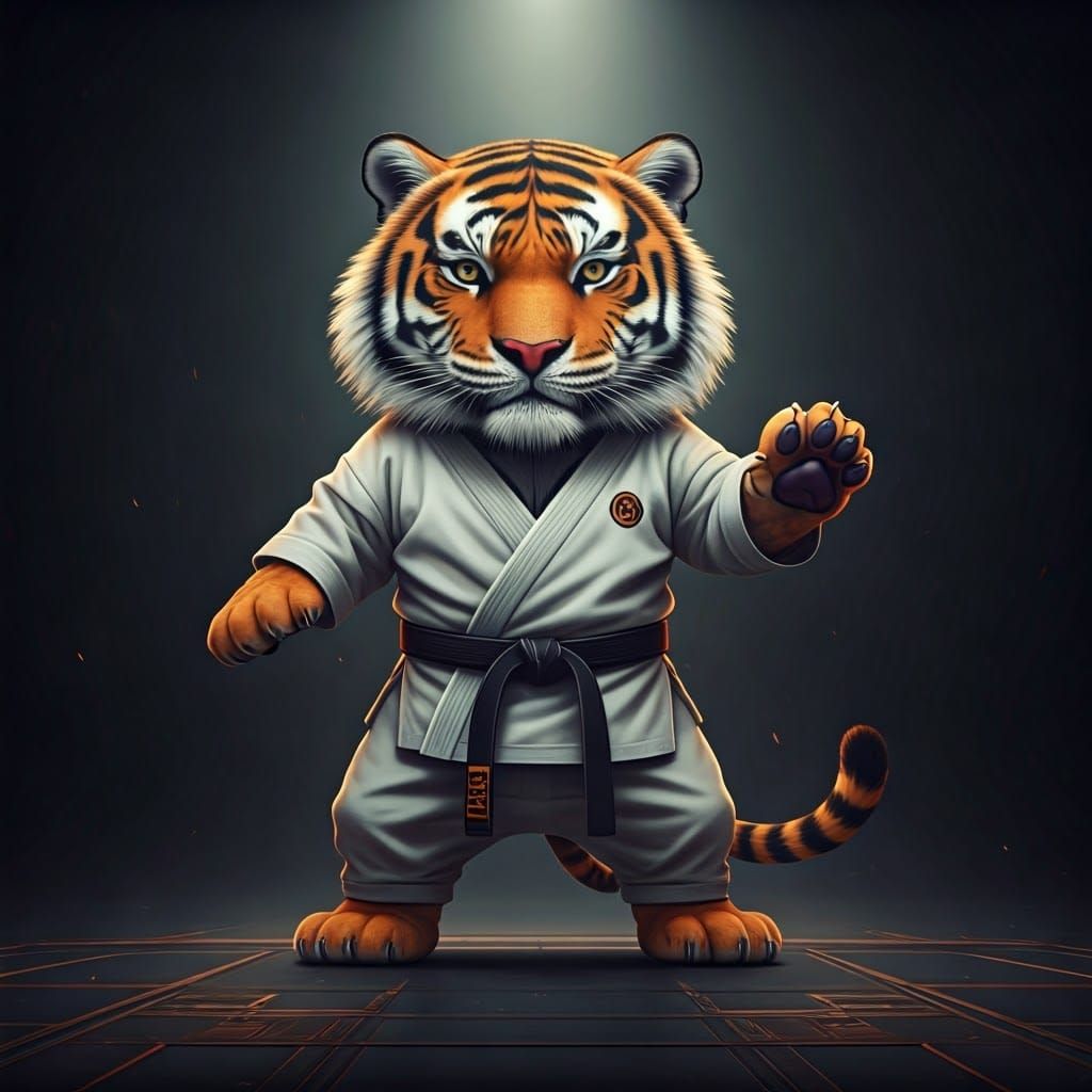 Cyberpunk Tiger Performs Karate in Moody, Hyperdetailed Digi...