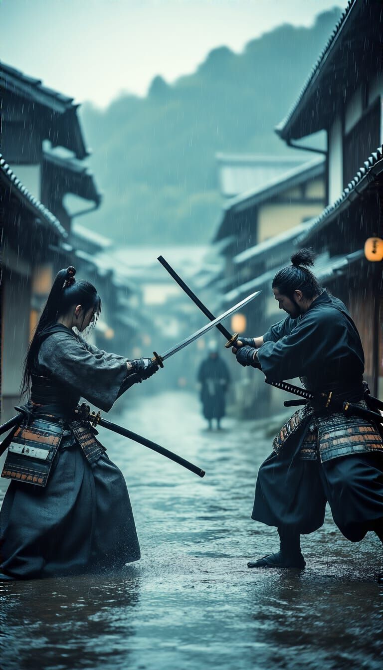 Samurai Clash in Rain, Cinematic Japanese Village
