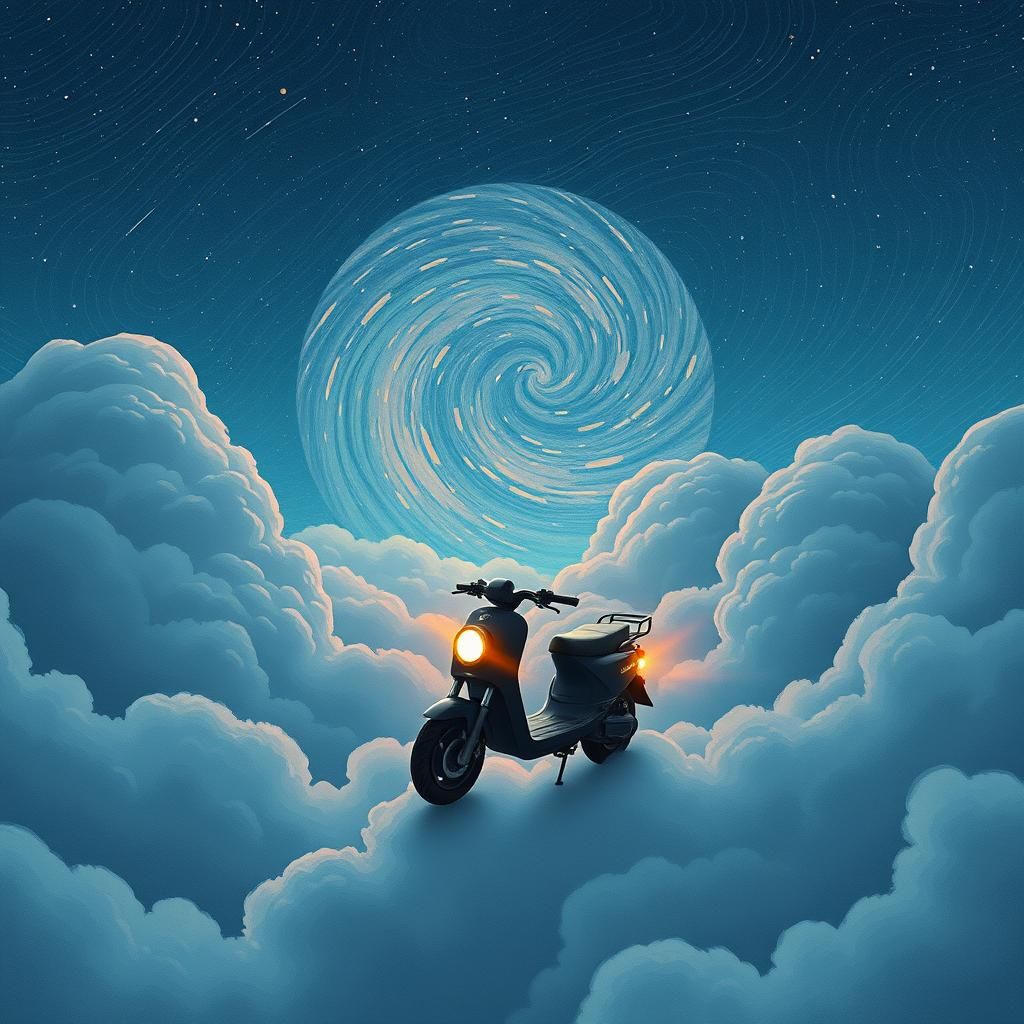 Electric Scooter in Dreamy Cloudscape: Ukiyo-e Sci-Fi