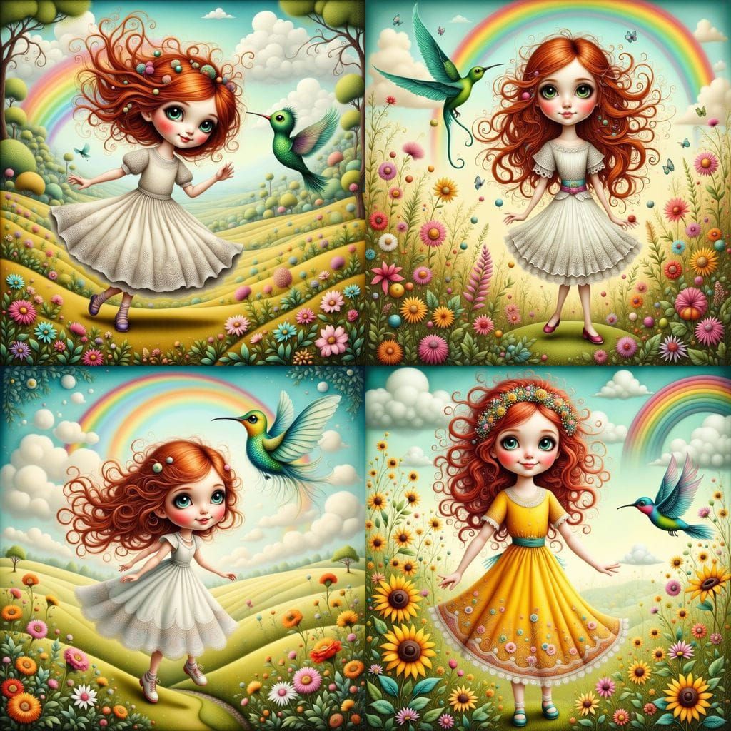 Whimsical Redhead Chases Hummingbird in Rainbow Sky