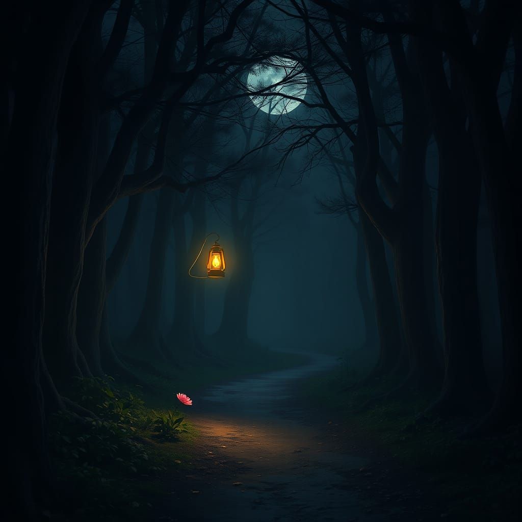Glowing Lantern Illuminates Serene Forest Pathway