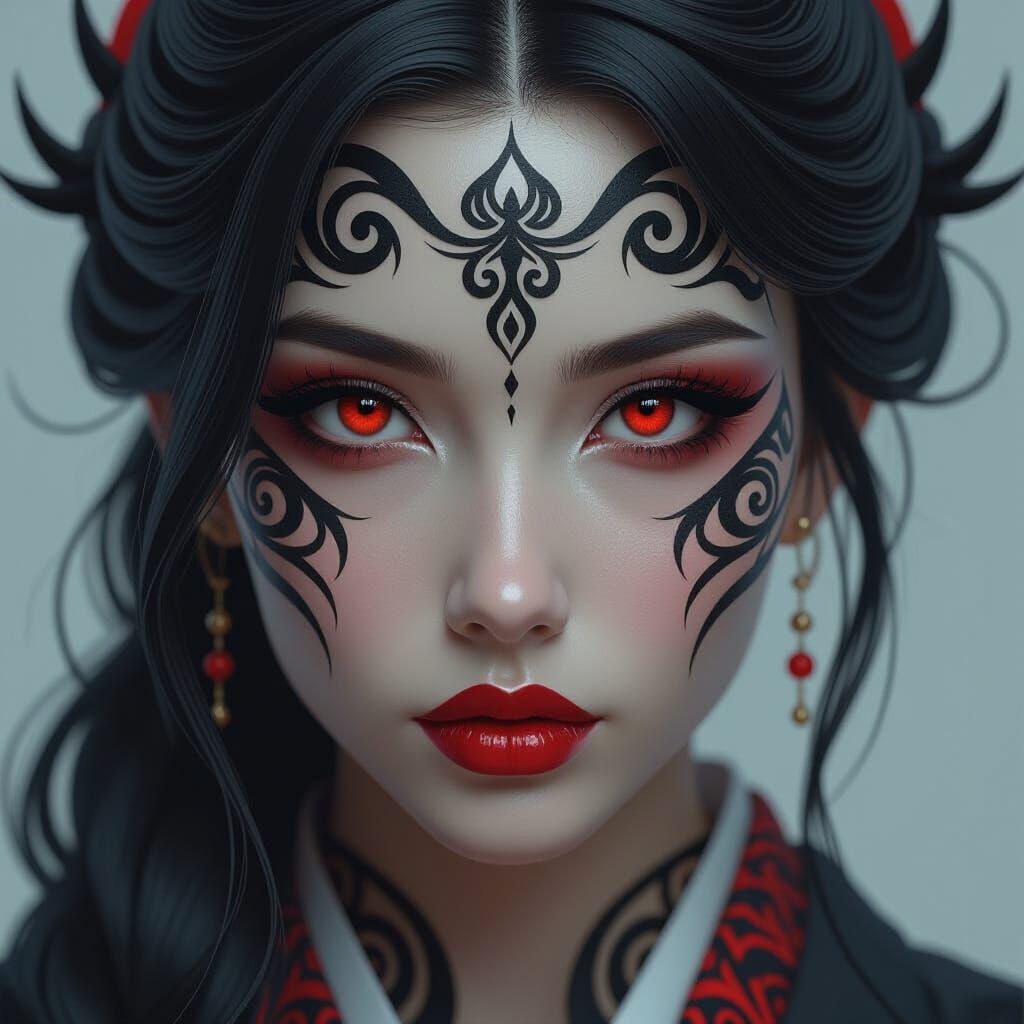 Enigmatic Face Portrait with Red Eyes and Tribal Tattoos